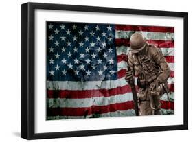 Solider Statue and American Flag by Identical Exposure-null-Framed Photo