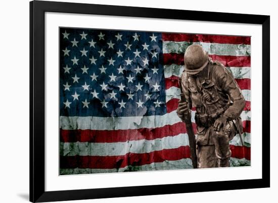 Solider Statue and American Flag by Identical Exposure-null-Framed Photo