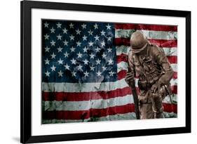 Solider Statue and American Flag by Identical Exposure-null-Framed Photo