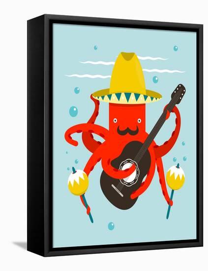 Sombrero Macho Moustache Octopus Playing Guitar. Underwater Mexican Guitarist. Vector Layered Eps8-Popmarleo-Framed Stretched Canvas