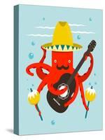 Sombrero Macho Moustache Octopus Playing Guitar. Underwater Mexican Guitarist. Vector Layered Eps8-Popmarleo-Stretched Canvas
