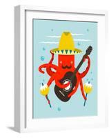 Sombrero Macho Moustache Octopus Playing Guitar. Underwater Mexican Guitarist. Vector Layered Eps8-Popmarleo-Framed Art Print