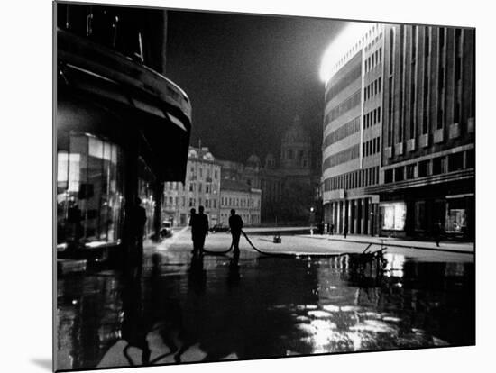 Some Serbian Workers Cleaning a Street at Night, Belgrade-null-Mounted Photographic Print