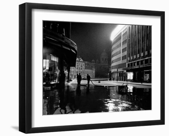 Some Serbian Workers Cleaning a Street at Night, Belgrade-null-Framed Photographic Print