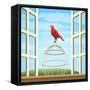 Songbird Sitting on a Cage in Open Window-Olena Bogadereva-Framed Stretched Canvas