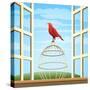 Songbird Sitting on a Cage in Open Window-Olena Bogadereva-Stretched Canvas