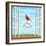 Songbird Sitting on a Cage in Open Window-Olena Bogadereva-Framed Art Print