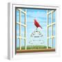 Songbird Sitting on a Cage in Open Window-Olena Bogadereva-Framed Art Print