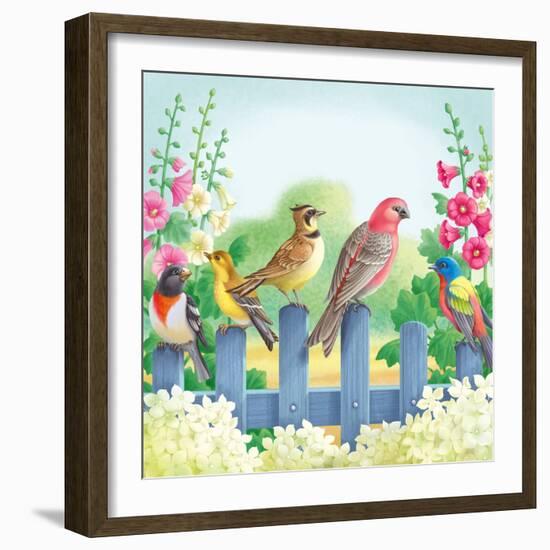 Songbirds on Fence-Olga Kovaleva-Framed Giclee Print