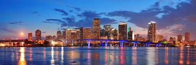 Miami City Skyline Panorama at Dusk with Urban Skyscrapers and Bridge over Sea with Reflection-Songquan Deng-Photographic Print
