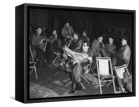 Songwriter Irving Berlin Reading Newspaper as Others Sit around Talking-null-Framed Stretched Canvas