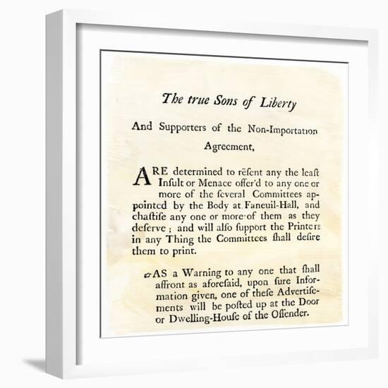 Sons of Liberty Handbill Supporting Boycott of British Goods in Boston Before the Revolutionary War-null-Framed Giclee Print