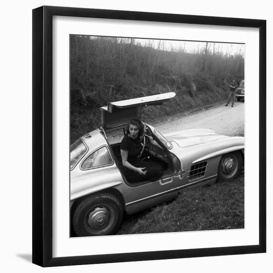 Sophia Loren Sitting Into Her Mercedes at Third Cinema Rally-null-Framed Premium Photographic Print