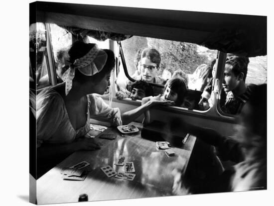 Sophia Loren Speaks to Fans Outside Trailer Window During Filming of "Madame Sans Gene"-Alfred Eisenstaedt-Stretched Canvas