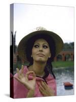 Sophia Loren Wearing a Pink Wrap and Straw Hat Out by the Pool at the Villa-Alfred Eisenstaedt-Stretched Canvas