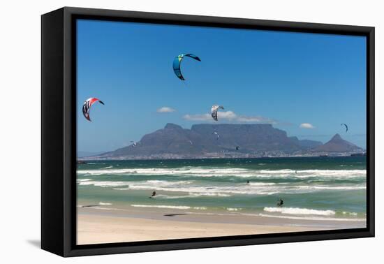 South Africa, Capetown, Kitesurfer in Front of the Table Mountain Silhouette-Catharina Lux-Framed Stretched Canvas