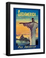 South America by Pan American Clipper - Christ the Redeemer - Vintage Airline Travel Poster-Pacifica Island Art-Framed Art Print