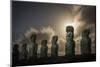 South America, Chile, Easter Island, Isla de Pascua, Moai stone human figures under a  night sky at-Christian Heeb-Mounted Photographic Print