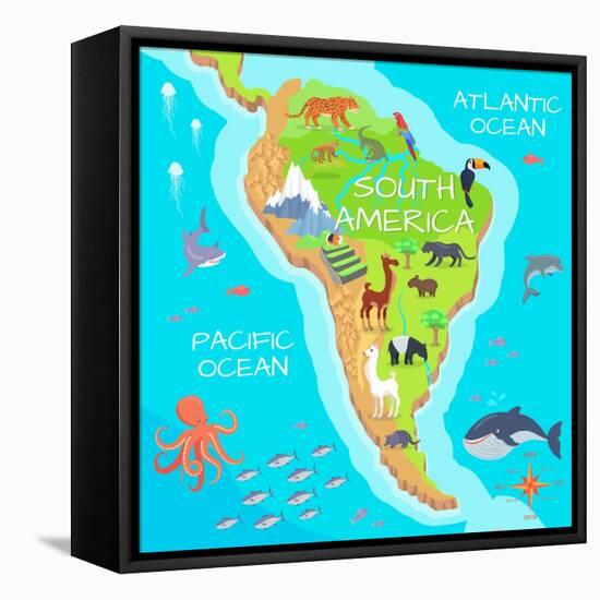 South America Mainland Cartoon Map with Fauna Species. Cute American Animals Flat Vector. Amazonian-robuart-Framed Stretched Canvas