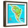 South America Mainland Cartoon Map with Fauna Species. Cute American Animals Flat Vector. Amazonian-robuart-Framed Art Print