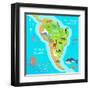 South America Mainland Cartoon Map with Fauna Species. Cute American Animals Flat Vector. Amazonian-robuart-Framed Art Print