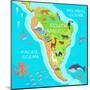 South America Mainland Cartoon Map with Fauna Species. Cute American Animals Flat Vector. Amazonian-robuart-Mounted Art Print