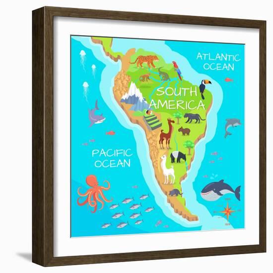 South America Mainland Cartoon Map with Fauna Species. Cute American Animals Flat Vector. Amazonian-robuart-Framed Art Print