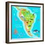 South America Mainland Cartoon Map with Fauna Species. Cute American Animals Flat Vector. Amazonian-robuart-Framed Art Print