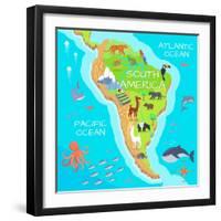 South America Mainland Cartoon Map with Fauna Species. Cute American Animals Flat Vector. Amazonian-robuart-Framed Art Print