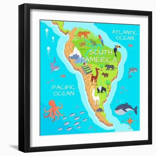 South America Mainland Cartoon Map with Fauna Species. Cute American Animals Flat Vector. Amazonian-robuart-Framed Art Print