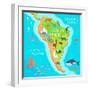 South America Mainland Cartoon Map with Fauna Species. Cute American Animals Flat Vector. Amazonian-robuart-Framed Art Print