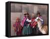 South America, Peru, Cusco. Quechua People in Front of An Inca Wall, Holding a Lamb and a Llama-Alex Robinson-Framed Stretched Canvas