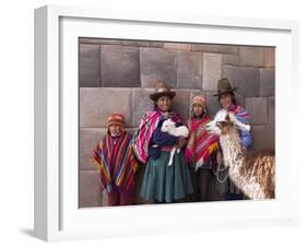 South America, Peru, Cusco. Quechua People in Front of An Inca Wall, Holding a Lamb and a Llama-Alex Robinson-Framed Photographic Print