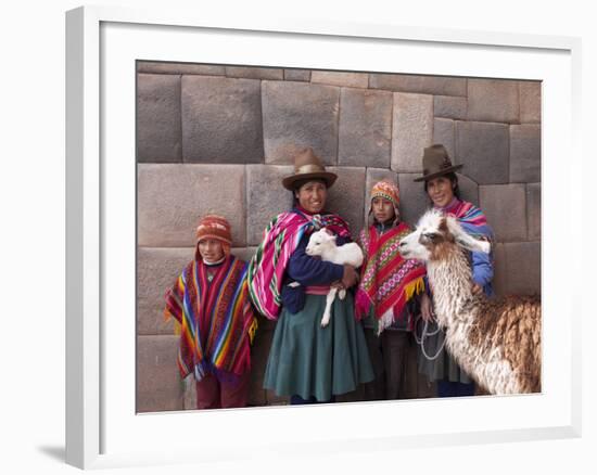 South America, Peru, Cusco. Quechua People in Front of An Inca Wall, Holding a Lamb and a Llama-Alex Robinson-Framed Photographic Print