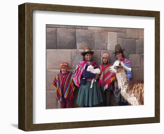 South America, Peru, Cusco. Quechua People in Front of An Inca Wall, Holding a Lamb and a Llama-Alex Robinson-Framed Photographic Print