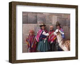 South America, Peru, Cusco. Quechua People in Front of An Inca Wall, Holding a Lamb and a Llama-Alex Robinson-Framed Photographic Print