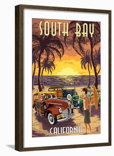 South Bay, California - Woodies and Sunset-Lantern Press-Framed Art Print