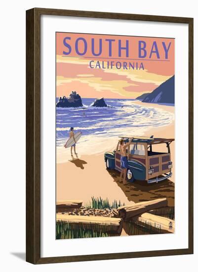 South Bay, California - Woody on Beach-Lantern Press-Framed Art Print