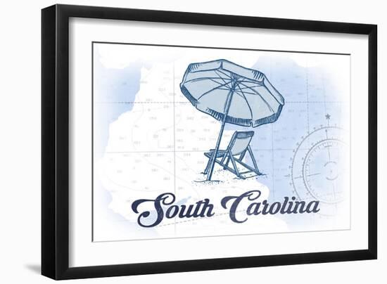 South Carolina - Beach Chair and Umbrella - Blue - Coastal Icon-Lantern Press-Framed Art Print