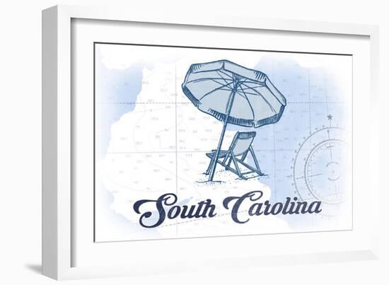 South Carolina - Beach Chair and Umbrella - Blue - Coastal Icon-Lantern Press-Framed Art Print