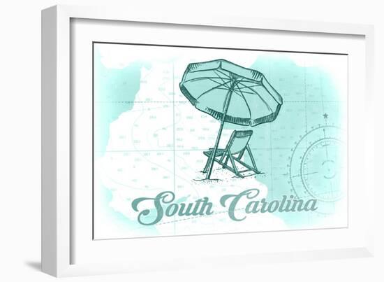 South Carolina - Beach Chair and Umbrella - Teal - Coastal Icon-Lantern Press-Framed Art Print