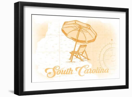 South Carolina - Beach Chair and Umbrella - Yellow - Coastal Icon-Lantern Press-Framed Art Print