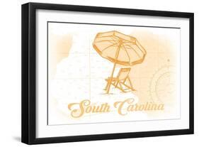 South Carolina - Beach Chair and Umbrella - Yellow - Coastal Icon-Lantern Press-Framed Art Print