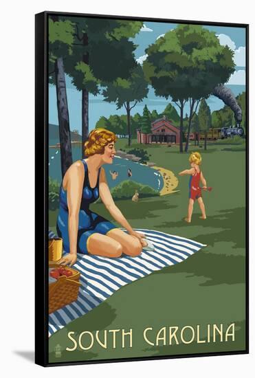 South Carolina - Lake and Picnic Scene-Lantern Press-Framed Stretched Canvas