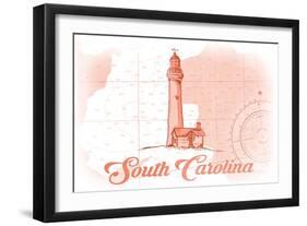 South Carolina - Lighthouse - Coral - Coastal Icon-Lantern Press-Framed Art Print