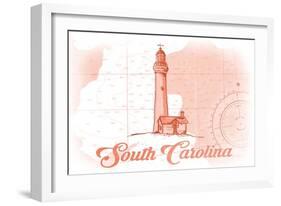 South Carolina - Lighthouse - Coral - Coastal Icon-Lantern Press-Framed Art Print