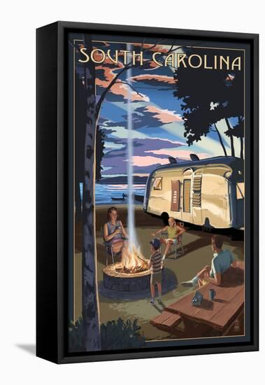 South Carolina - Retro Camper and Lake-Lantern Press-Framed Stretched Canvas