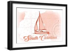 South Carolina - Sailboat - Coral - Coastal Icon-Lantern Press-Framed Art Print