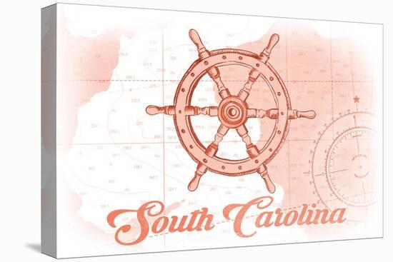 South Carolina - Ship Wheel - Coral - Coastal Icon-Lantern Press-Stretched Canvas