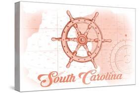 South Carolina - Ship Wheel - Coral - Coastal Icon-Lantern Press-Stretched Canvas